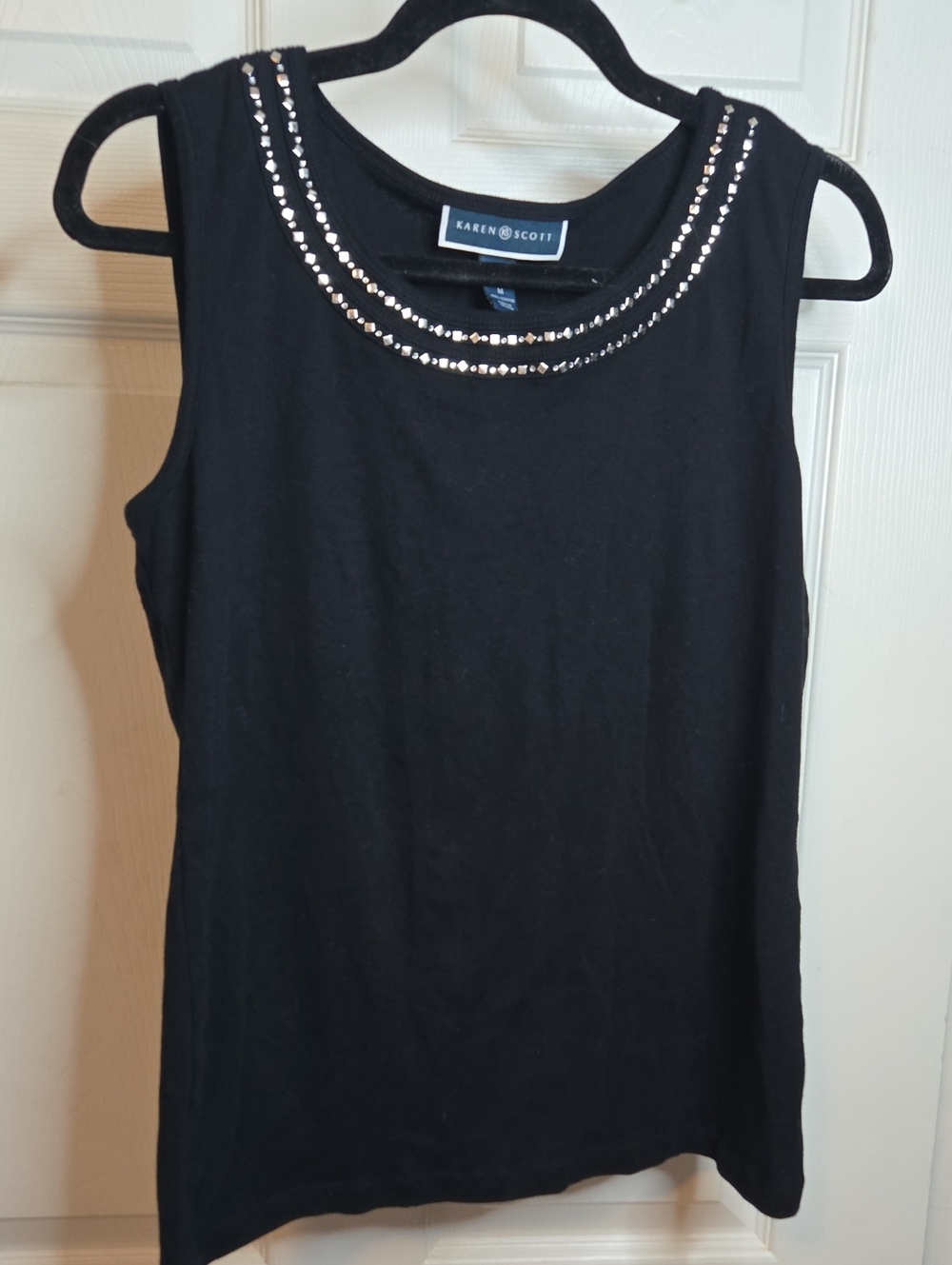 Karen Scott Black Sleeveless Tank with Beaded Neckline